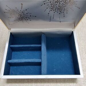 Vintage Wells White Jewelry Storage Box with Gold Trim Blue Velvet Lining
